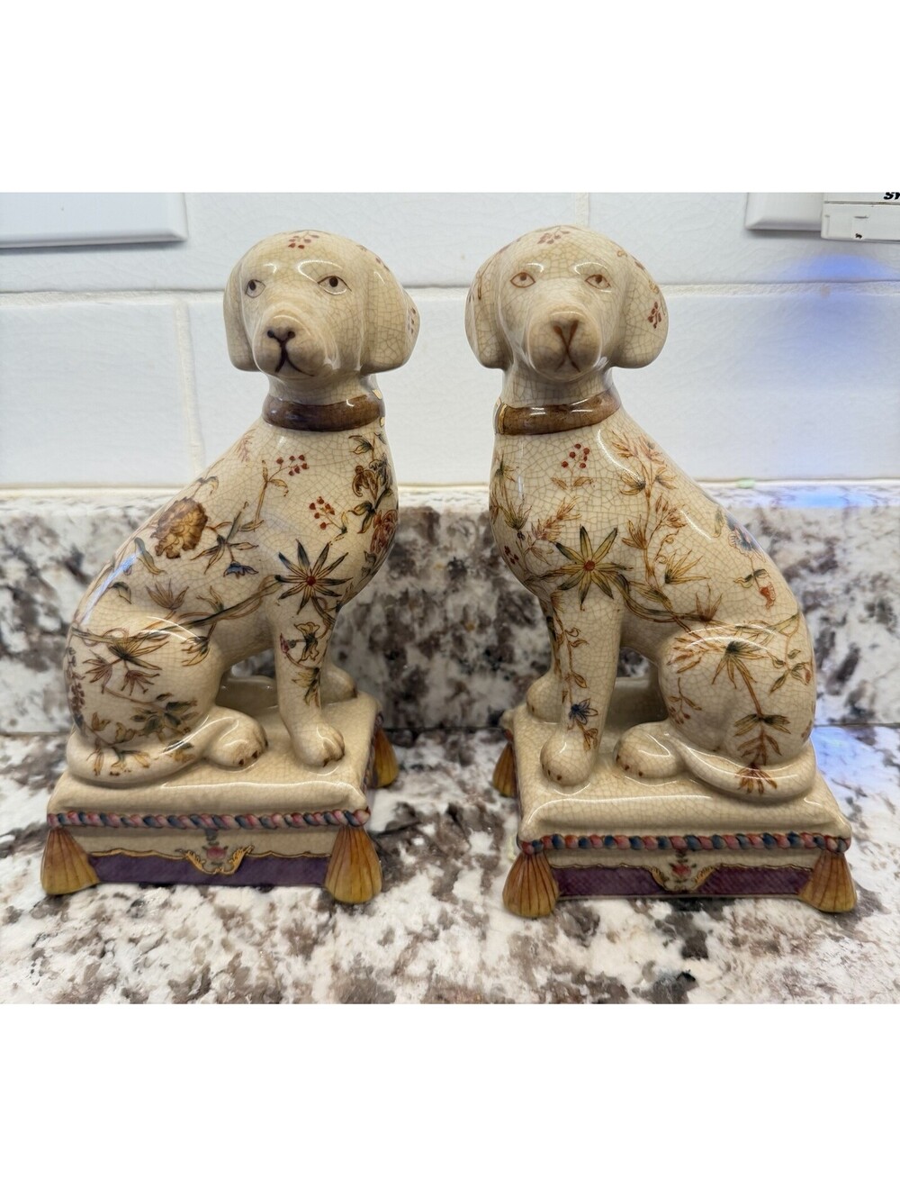 Dog Figurine Pair Porcelain Bookends Floral Design Vintage Decor